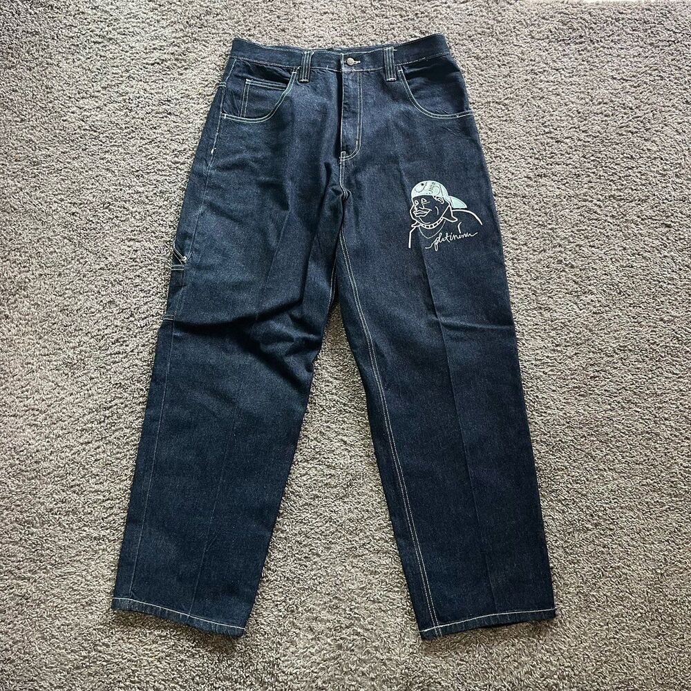 Vintage Y2K FUBU Platinum Denim Embroidered Jeans Baggy Wide Leg Sz 34